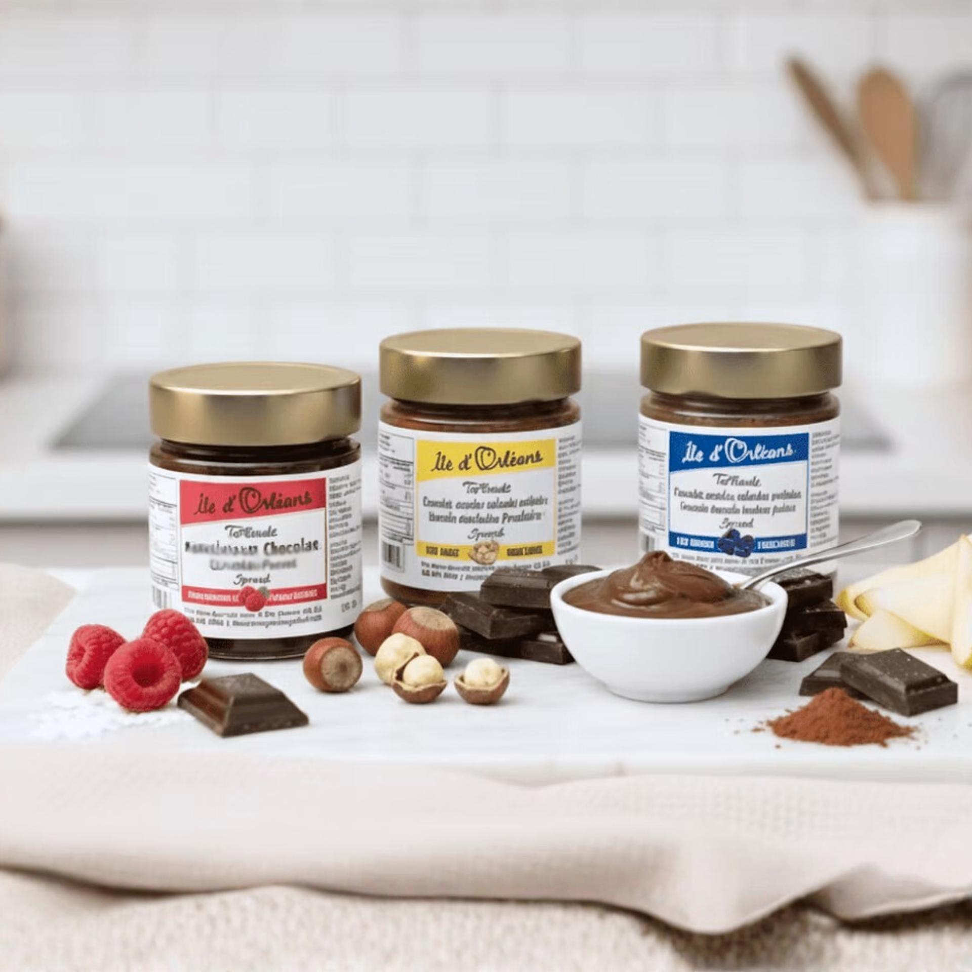 Tartinades Île d'Orléans — chocolat, praliné, bleuets
